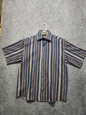 Monzini Collection Mens Large Striped Button Front Shirt Made USA Blue Tan Short